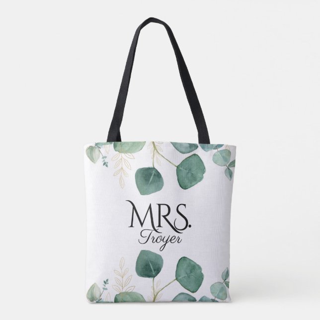 Tote Bag Elégant Eucalyptus Green Nom personnalisé Mariée (Dos)