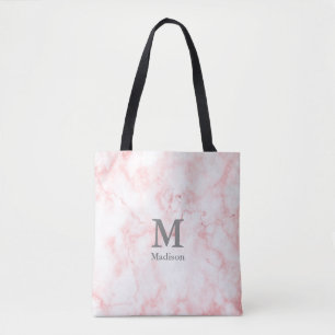 Tote Bag Élégant Faux Marbre rose Gris Initiales Monogramme
