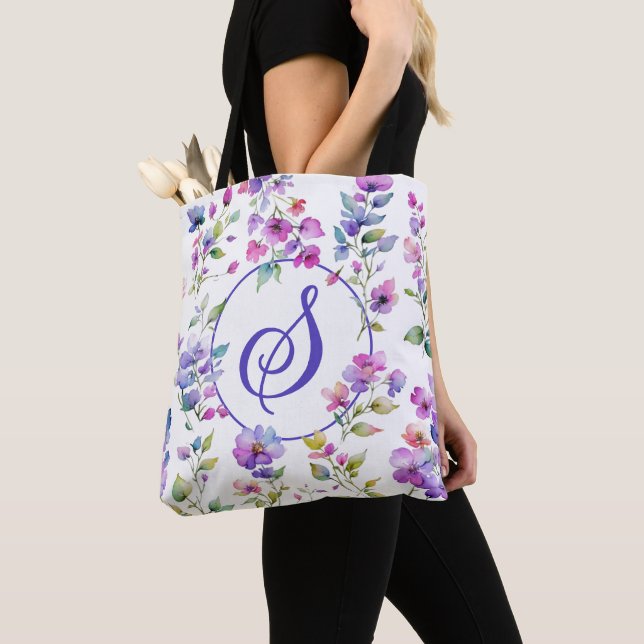 Tote Bag Élégant fleurs sauvages d'aquarelle rose violet (De près)