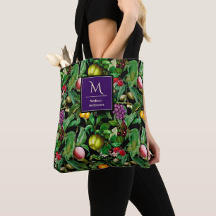 Tote Bag Elégant fruits tropicaux noir motif monogramme