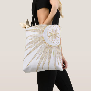 Tote Bag Elegant Gold Doodles Sun Moon Mandala Design