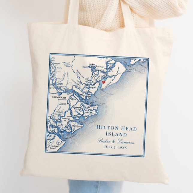 Tote Bag Elégant Hilton Head Map Mariage bleu marine (Hilton Head Island Wedding Tote Bag Personalized with couples names and elegant navy blue map)