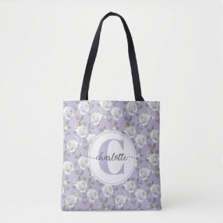 Tote Bag Élégant jardin Rose Monogramme Lavande