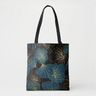 Tote Bag Elegant Leaves of Blue With Gold Lines Botanical
