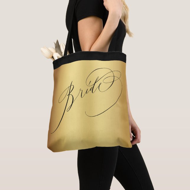 Tote Bag Élégant Mariage Black Script Bride Gold (De près)