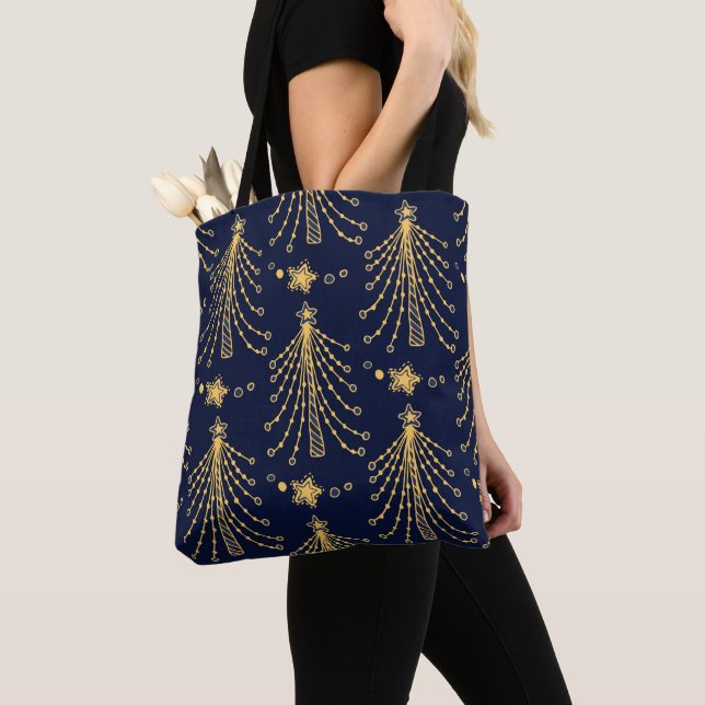 Tote Bag Elégant Marine Bleu Or Noël Arbre étoile Motif (De près)