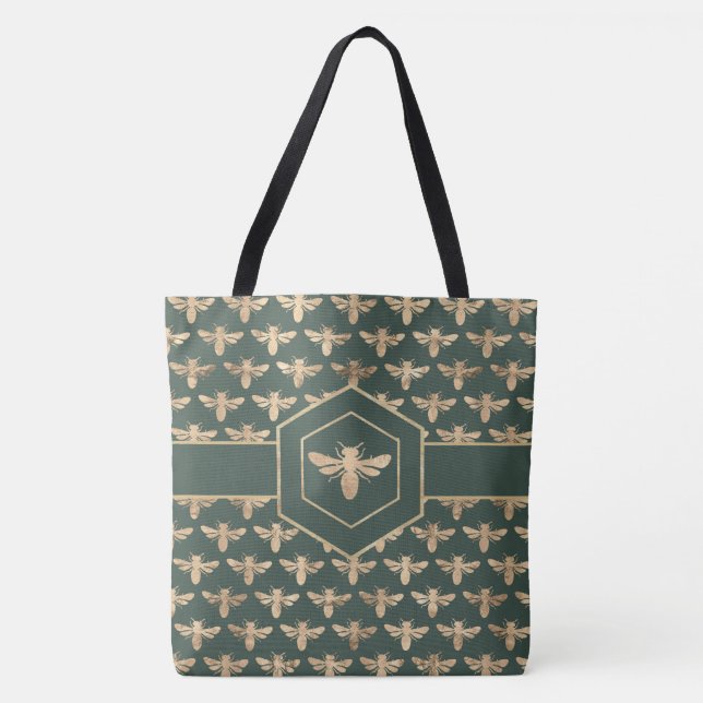 Tote Bag Elégant Miel d'orBee Motif sur Vert foncé (Devant)