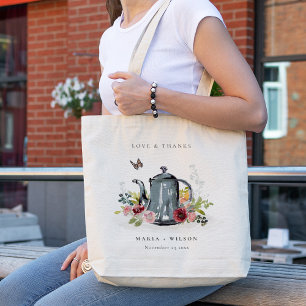 Tote Bag Élégant mignon Rose joyeux Mariage de théière flor