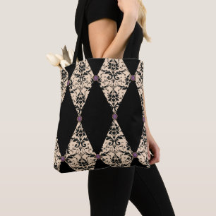 Tote Bag Élégant Modèle Damas rose Et Diamant Noir