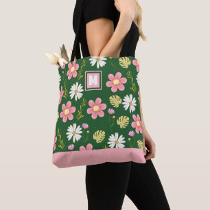 Tote Bag Élégant Moderne Floral Vert Rose