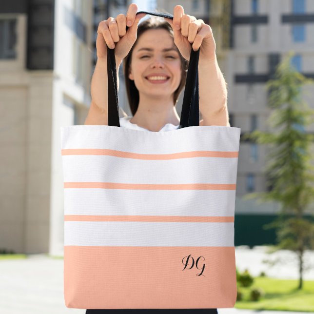 Tote Bag Élégant Moderne Gras Monogramme Rayures Pêche Tend (Elegant Modern Bold Stripes Monogram Trendy Peach Tote Bag)