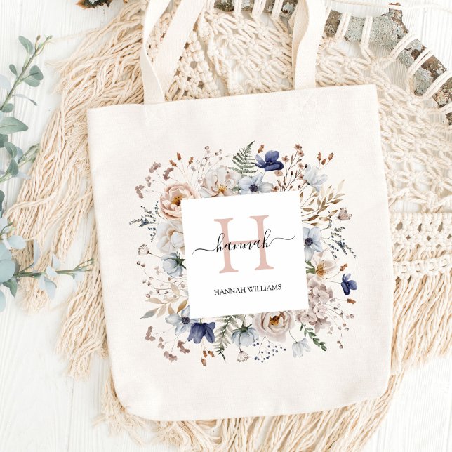 Tote Bag Elegant Monogram Pretty Beige Blue Flowers Floral (In situ)