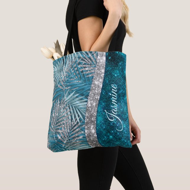Tote Bag Élégant monogramme de feuilles de parties scintill (De près)