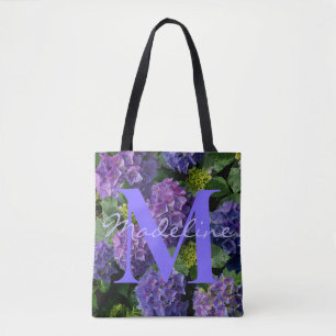 Tote Bag Élégant monogramme floral bleu violet vert