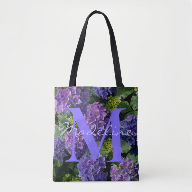 Tote Bag Élégant monogramme floral bleu violet vert (Devant)