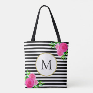 Tote Bag Élégant Monogramme floral rose rayé noir