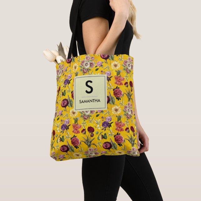 Tote Bag Élégant monogramme jaune à motif floral (De près)