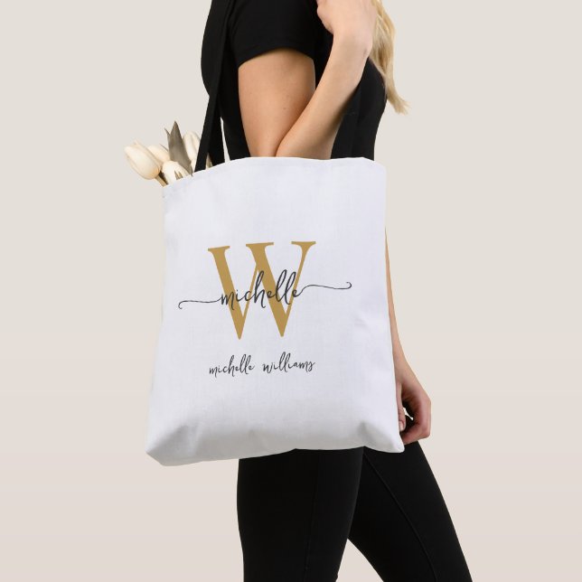 Tote Bag Élégant Monogramme Personnalisé Fille en Or Blanc (De près)