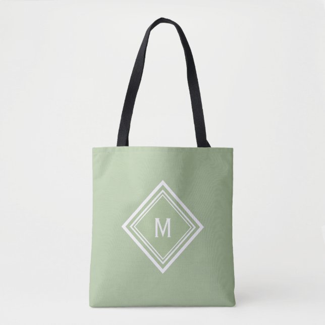 Tote Bag Élégant Monogramme Personnalisé Vert Sauge Moderne (Devant)