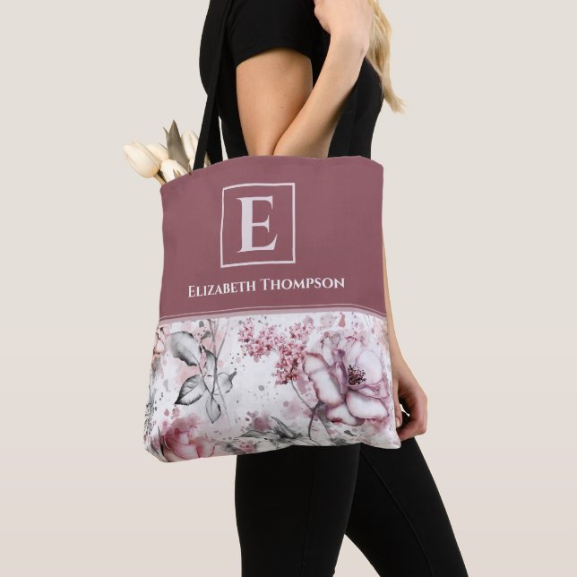 Tote Bag Élégant Monogramme rose et violet flore botanique (De près)