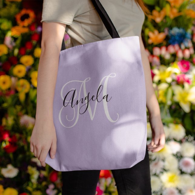 Tote Bag Élégant monogramme script lilas pâle (Pale Lavender Elegant Script Monogram Tote Bag)