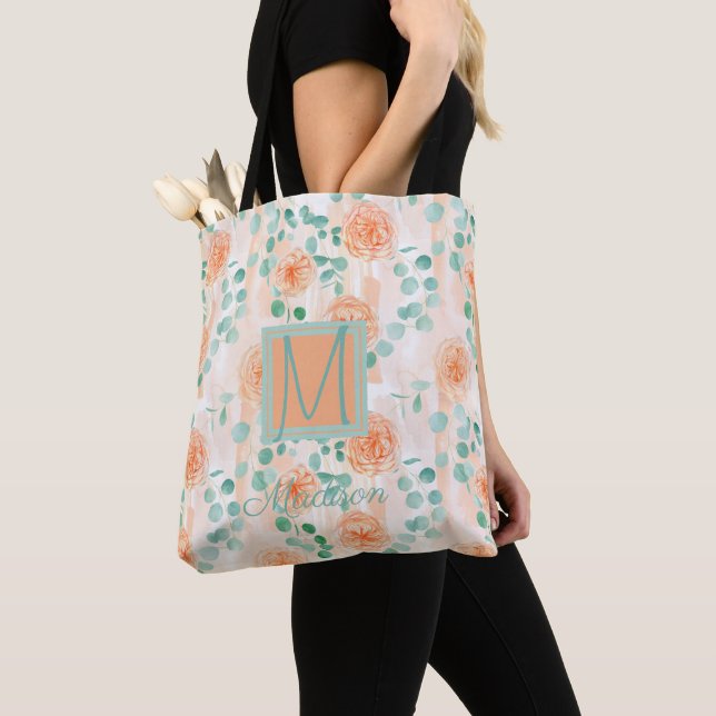 Tote Bag Élégant Monogramme Tendance Eucalyptus Vert Pêche (De près)