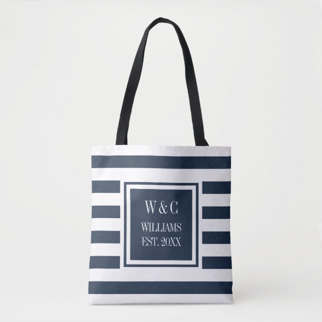 Tote Bag Élégant Monogramme tendance Noir Marine Bleu Bande (Devant)