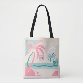 Tote Bag Élégant monogramme turquoise rose tropical minimal