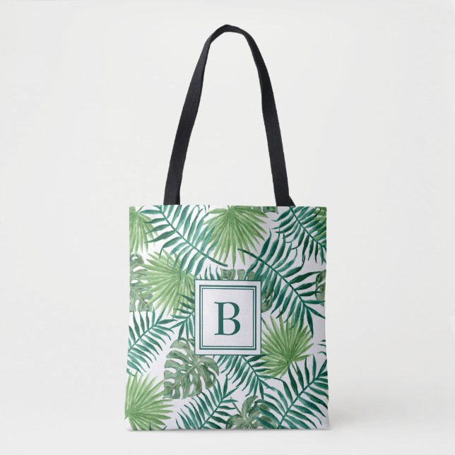 Tote Bag Élégant Monogramme vert Feuilles de palmier botani (Devant)