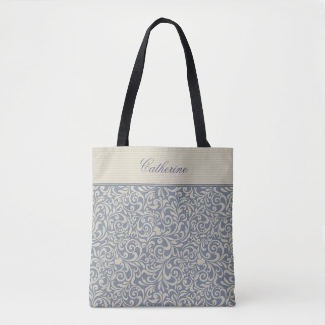 Tote Bag Elégant motif de Damas bleu avec texte personnalis (Devant)