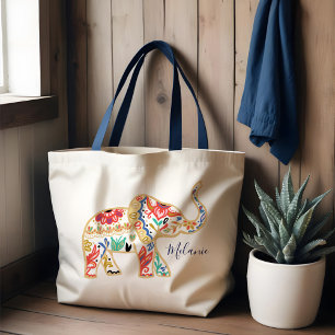 Tote Bag Élégant Motif décoratif floral orné d'éléphant