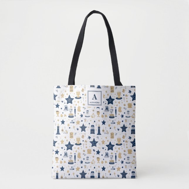 Tote Bag Elégant Motif d'étoiles bleu et or personnalisé(12 (Devant)