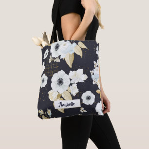 Tote Bag Élégant motif floral bleu et blanc Monogramme