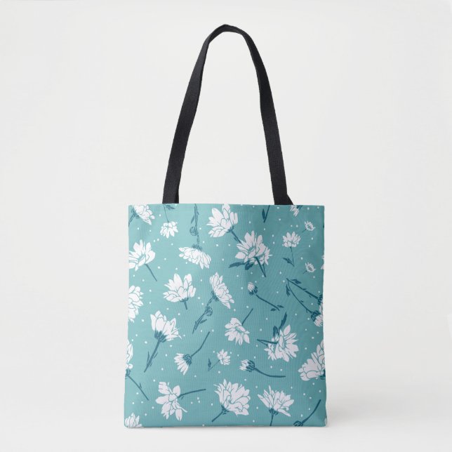 Tote Bag Élégant motif floral - Botanique Turquoise et blan (Devant)