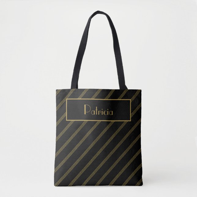 Tote Bag Élégant Noir Avec Lignes D'Or Diagonales (Devant)