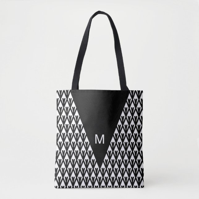 Tote Bag Elégant noir blanc diamant Motif & Monogramme (Devant)