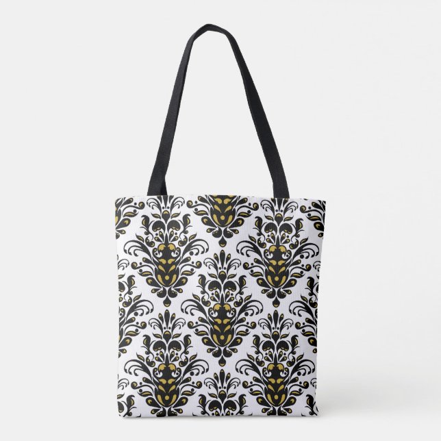 Tote Bag Elégant noir et blanc avec touche or damassé (Dos)