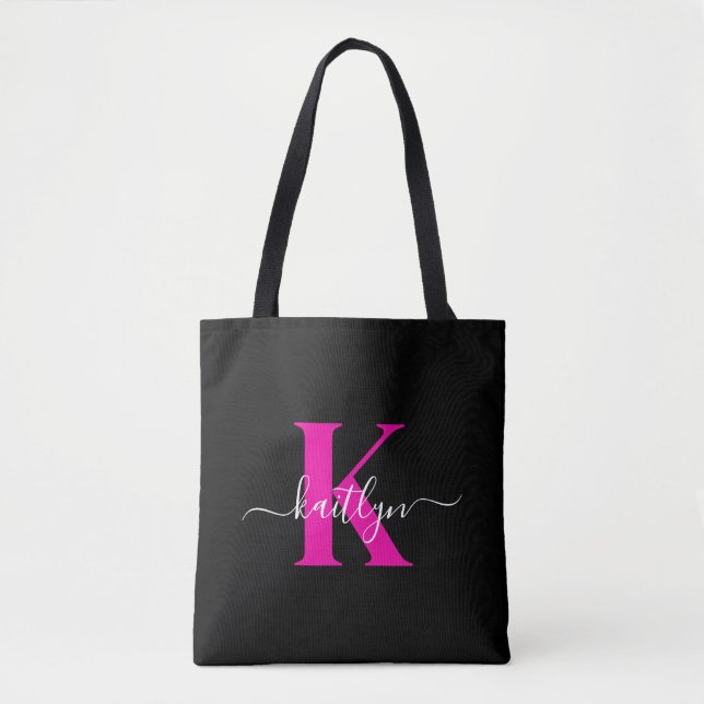 Tote Bag Élégant Noir Hot Rose Script Monogramme (Devant)
