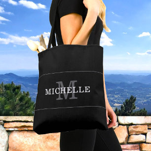Tote Bag Élégant Noir Monogramme Nom Personnalisé