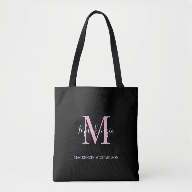 Tote Bag Élégant Noir Rose Personnalisé Nom Monogramme (Devant)