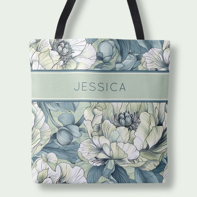 Tote Bag Élégant nom vert floral Fleurs de bois (Elegant Green Floral Name Botanical Sage Flowers Tote Bag)