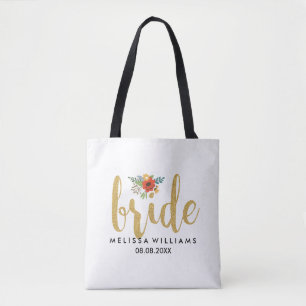 Tote Bag Élégant Or Moderne Texte Bride Floral Accent