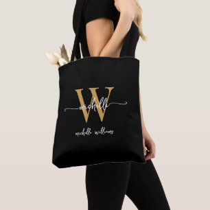 Tote Bag Élégant Or Noir Féminin Personnalisé Monogrammé