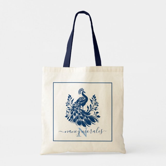 Tote Bag Elégant paon bleu | calligraphie moderne personnal (Dos)