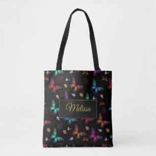 Tote Bag Élégant Papillons colorés sur Black Custom