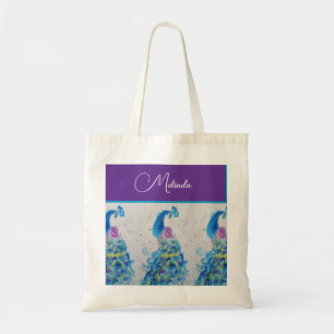 Tote Bag Elégant Peacock Aquarelle Peinture Bleue