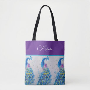 Tote Bag Elégant Peacock Aquarelle Peinture Bleue