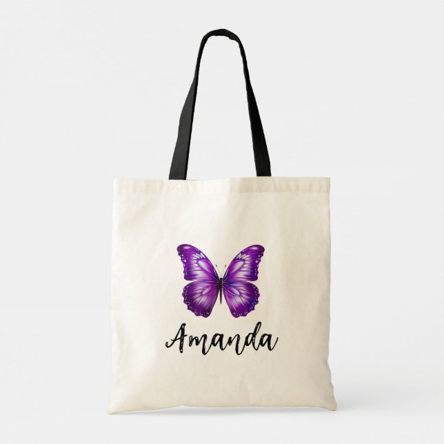 Tote Bag Élégant Purple Butterfly Nom Girly (Dos)