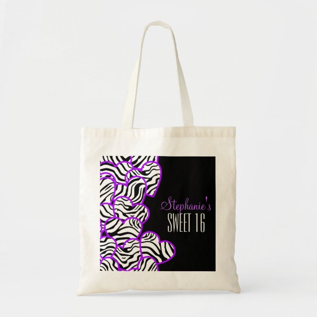 Tote Bag Élégant Purple Sweet 16 Zebra Heart Design Nom (Devant)