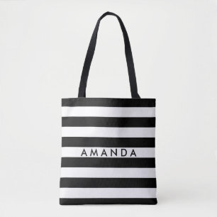 Tote Bag Elégant rayures noir et blanc ajouter votre nom
